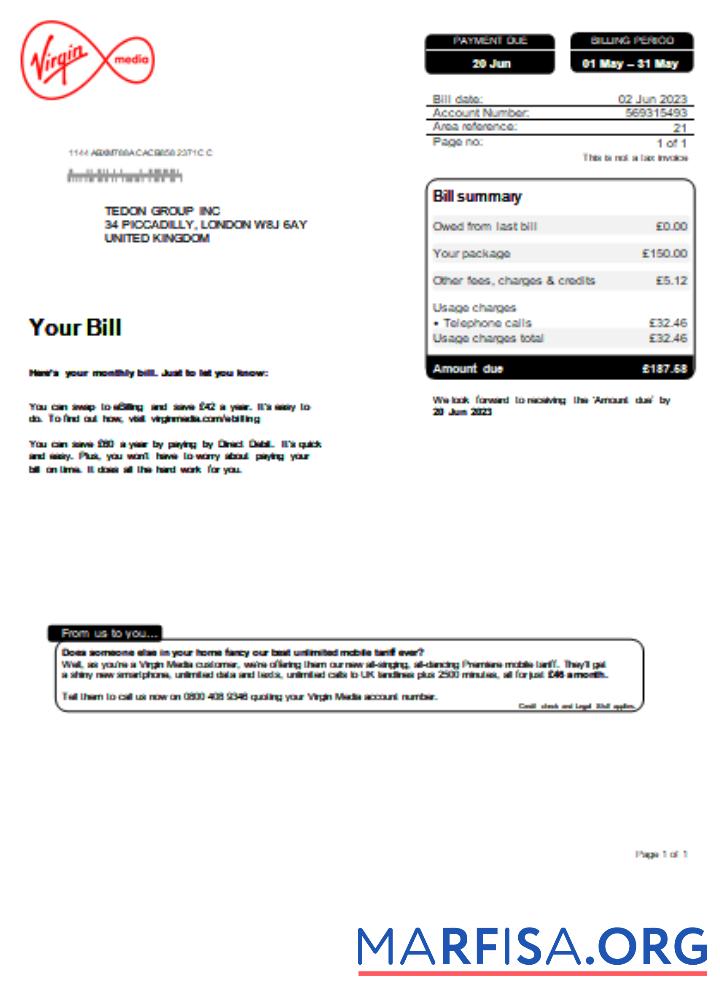 Blank Virgin Media utility business bill SCR sample